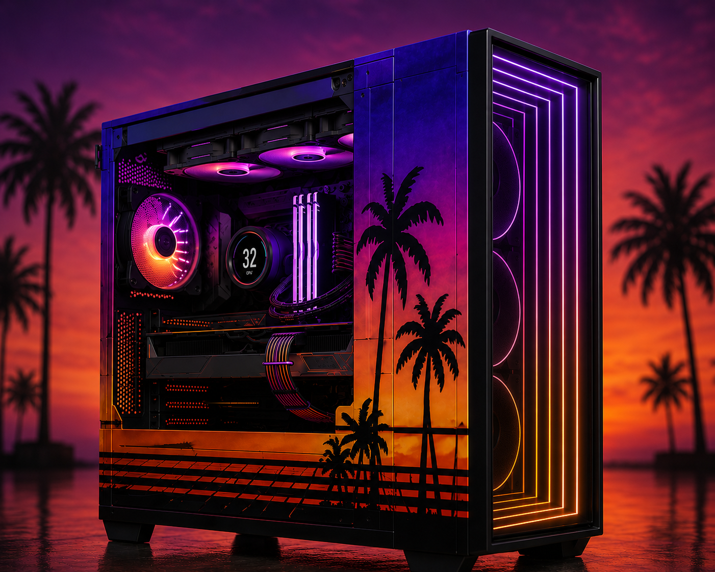 Retro Sunset vaporwave hand-painted PC build
