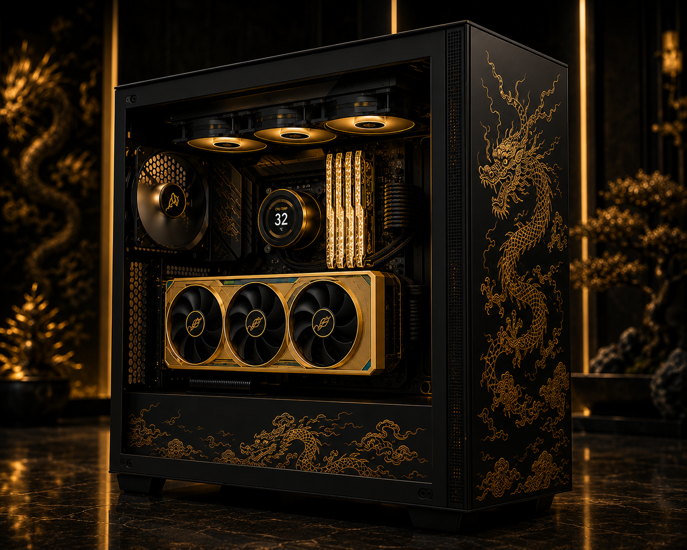 Royal Dragon hand-painted PC build with golden dragon artwork